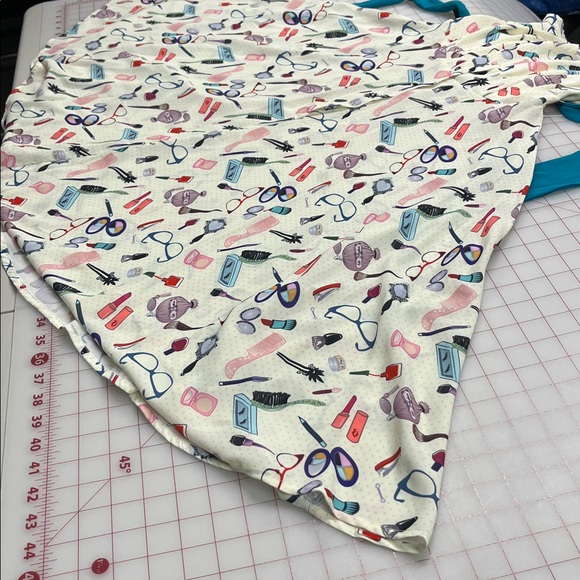UNIQUE VINTAGE Retro Novelty "Make Up" Print SHT SLV Belted Full Skirt Dress XS - Picture 8 of 16